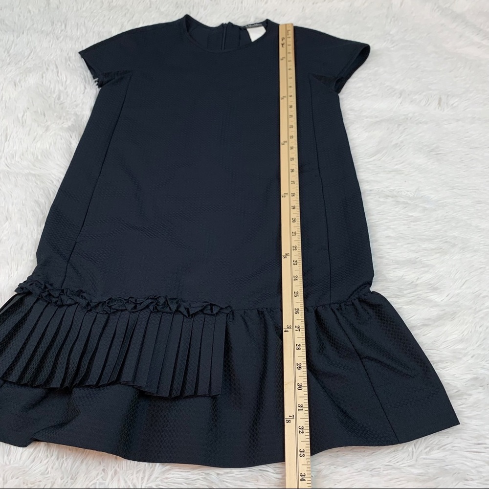 'S Max Mara short sleeve ruffle pleated jacquard Shift Dress in Navy blue - Picture 4 of 13